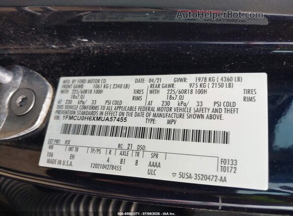 1FMCU0H6XMUA57455 2021 FORD ESCAPE Black Widok komory silnika