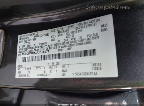 1FMCU0HD0JUB66971 2018 FORD ESCAPE Gray Engine compartment view