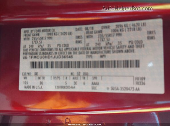 1FMCU0HD1JUD36545 2018 FORD ESCAPE Burgundy Engine compartment view