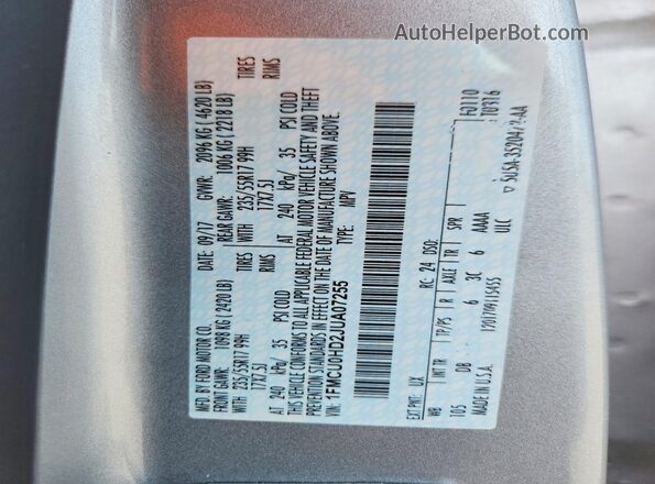 1FMCU0HD2JUA07255 2018 FORD ESCAPE Silver Vista interior de 360 grados