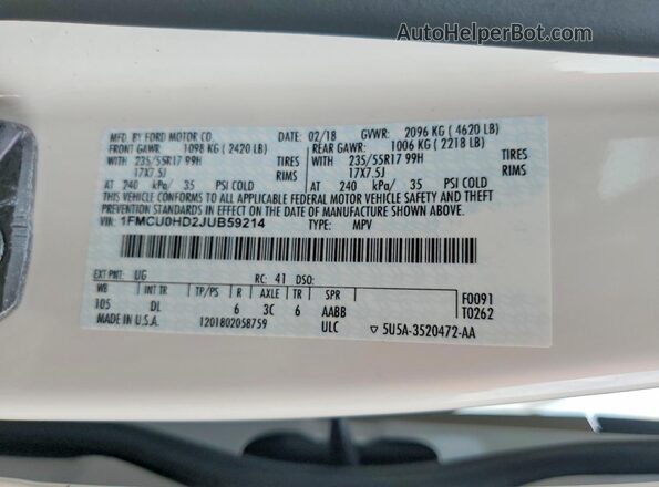 1FMCU0HD2JUB59214 2018 FORD ESCAPE White Vista interior de 360 grados