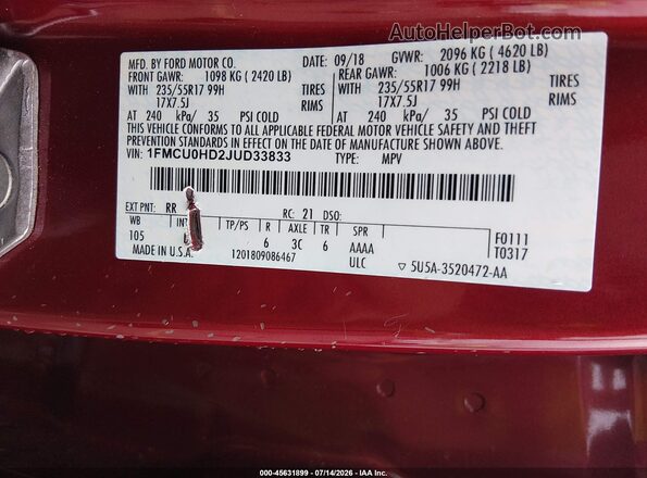 1FMCU0HD2JUD33833 2018 FORD ESCAPE Красный Вид подкапотного пространства