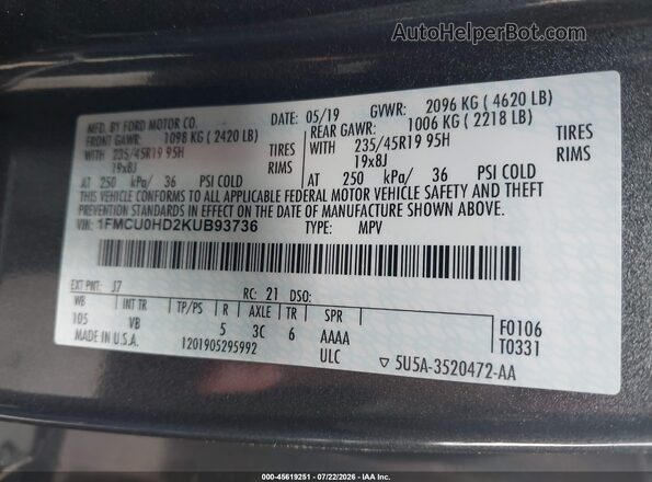 1FMCU0HD2KUB93736 2019 FORD ESCAPE Black Vista del compartimento del motor