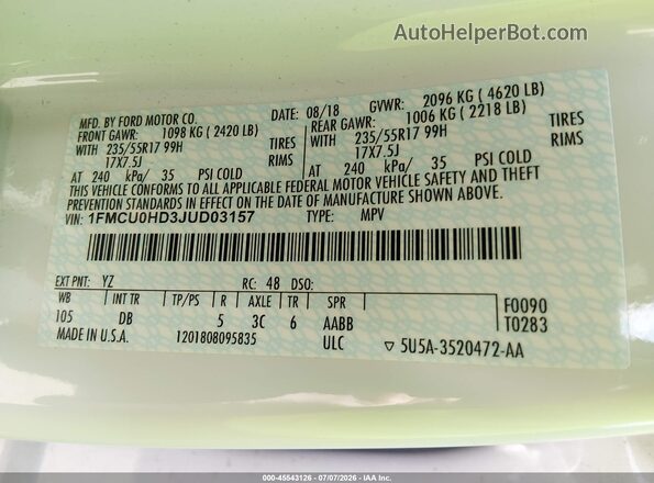 1FMCU0HD3JUD03157 2018 FORD ESCAPE White Engine compartment view