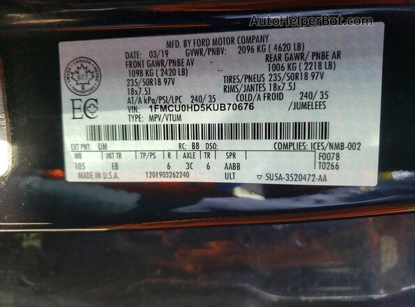 1FMCU0HD5KUB70676 2019 FORD ESCAPE Black Вид наклейки з VIN-кодом