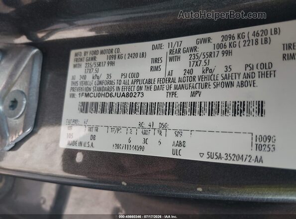 1FMCU0HD6JUA80273 2018 FORD ESCAPE Gray ძრავის განყოფილების ხედი