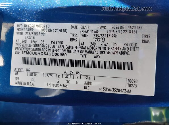 1FMCU0HD6JUD00950 2018 FORD ESCAPE Blue Շարժիչի բաժամունքի տեսք