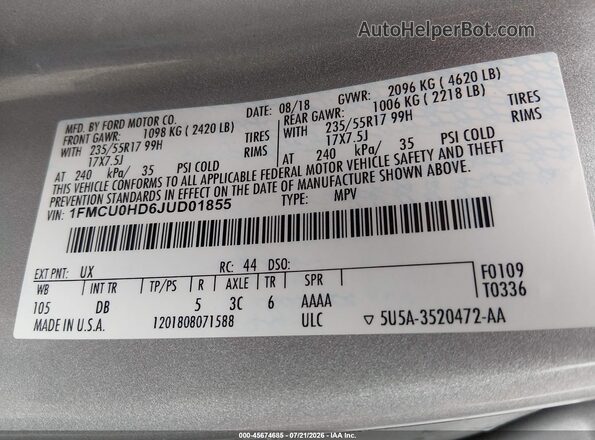 1FMCU0HD6JUD01855 2018 FORD ESCAPE Silver Vista del compartimento del motor