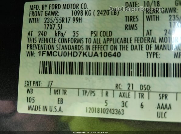 1FMCU0HD7KUA10640 2019 FORD ESCAPE Gray Widok komory silnika