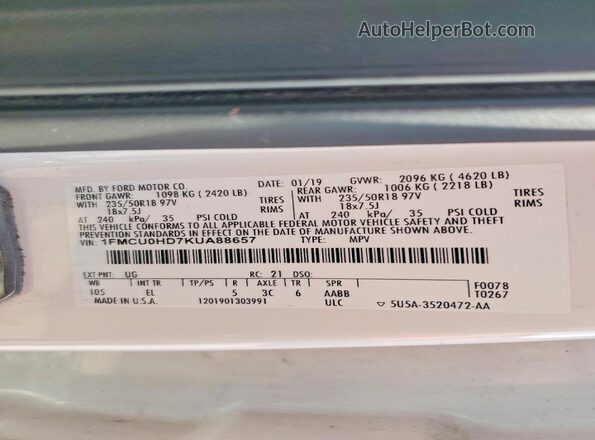 1FMCU0HD7KUA88657 2019 FORD ESCAPE White VIN კოდის სტიკერის ხედი