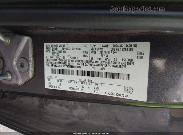 1FMCU0HD7KUB58092 2019 FORD ESCAPE Gray Vista del compartimento del motor
