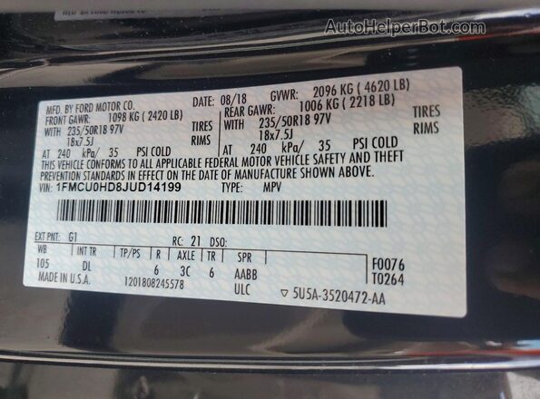 1FMCU0HD8JUD14199 2018 FORD ESCAPE Black Vista de la etiqueta del VIN