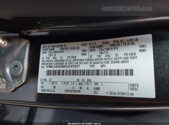 1FMCU0HD8KUC47637 2019 FORD ESCAPE Gray Vista del compartimento del motor
