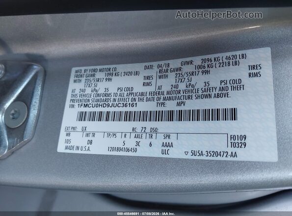 1FMCU0HD9JUC36161 2018 FORD ESCAPE Silver ძრავის განყოფილების ხედი