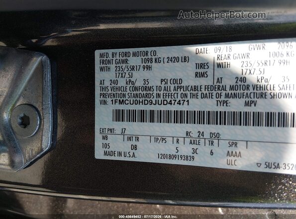 1FMCU0HD9JUD47471 2018 FORD ESCAPE Gray Շարժիչի բաժամունքի տեսք