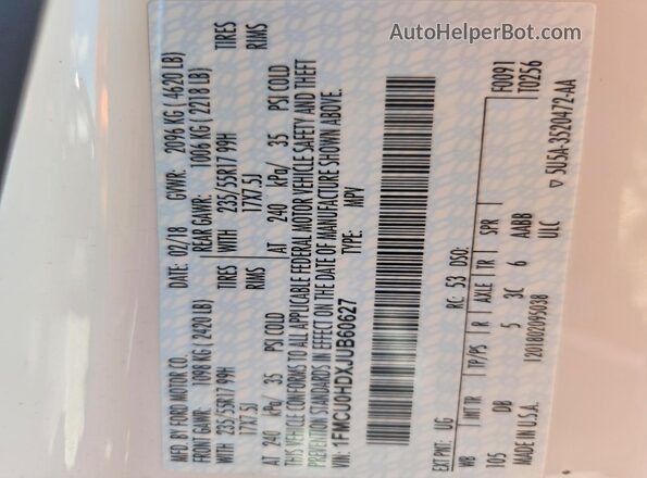 1FMCU0HDXJUB60627 2018 FORD ESCAPE White Вид підкапотного простору