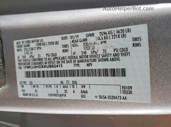 1FMCU0HDXKUB62413 2019 FORD ESCAPE Серебряный Вид подкапотного пространства
