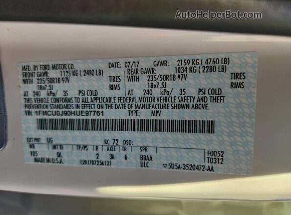 1FMCU0J90HUE97761 2017 FORD ESCAPE White Панорамний вид салону 360°