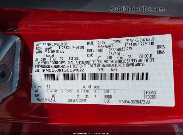 1FMCU0J91GUB91022 2016 FORD ESCAPE Red Vista del compartimento del motor