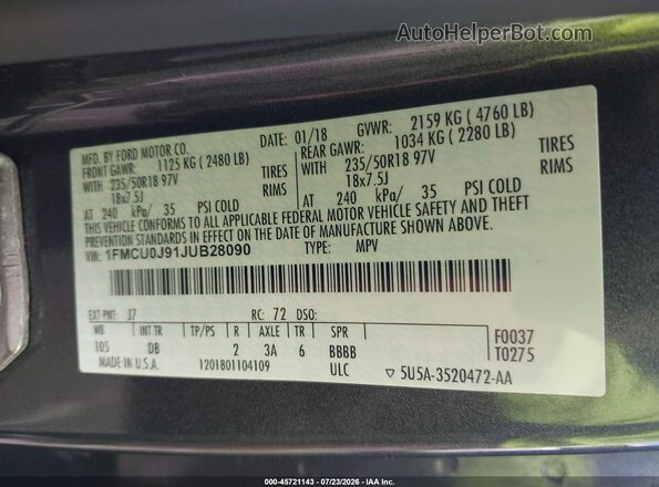 1FMCU0J91JUB28090 2018 FORD ESCAPE Gray Widok komory silnika