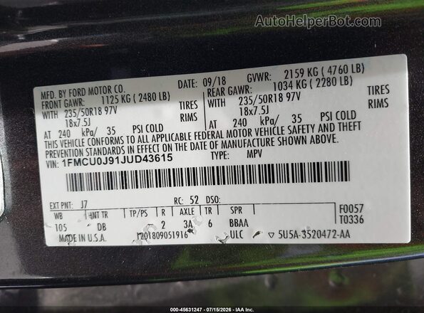 1FMCU0J91JUD43615 2018 FORD ESCAPE Gray Vista del compartimento del motor