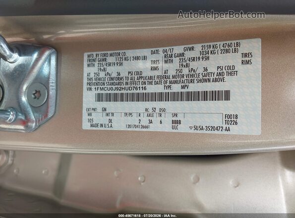 1FMCU0J92HUD76116 2017 FORD ESCAPE Champagne Вид подкапотного пространства