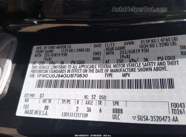 1FMCU0J94GUB70830 2016 FORD ESCAPE Black Engine compartment view