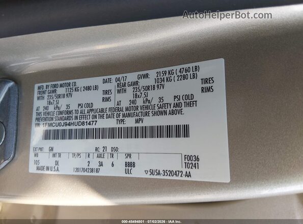 1FMCU0J94HUD81477 2017 FORD ESCAPE Gold Vista del compartimento del motor