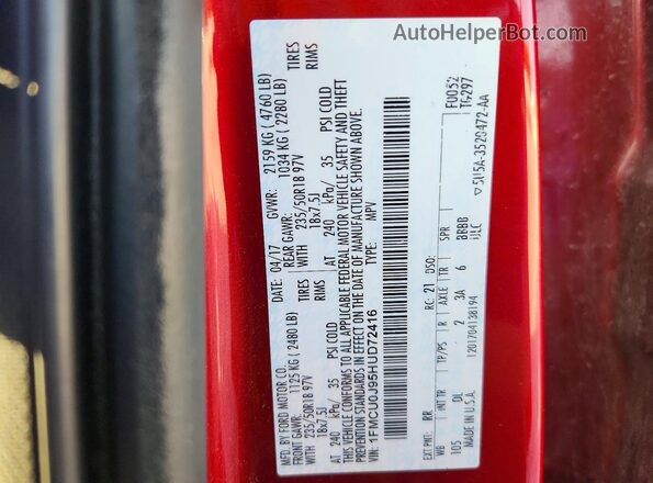 1FMCU0J95HUD72416 2017 FORD ESCAPE Red VIN sticker view