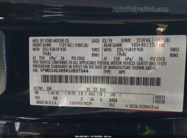 1FMCU0J95KUB57044 2019 FORD ESCAPE Black Շարժիչի բաժամունքի տեսք
