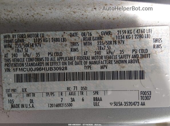 1FMCU0J96HUB30928 2017 FORD ESCAPE Silver Engine compartment view