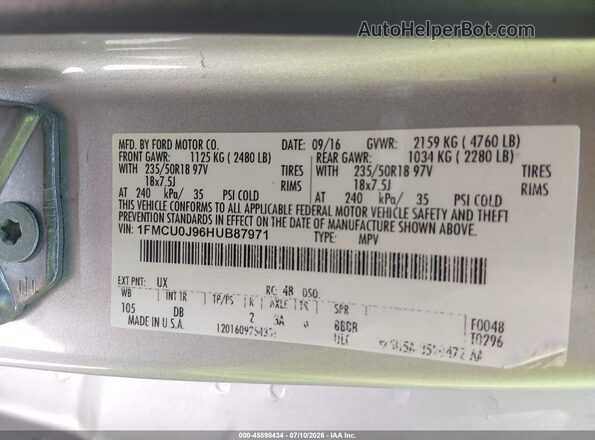 1FMCU0J96HUB87971 2017 FORD ESCAPE Silver Շարժիչի բաժամունքի տեսք