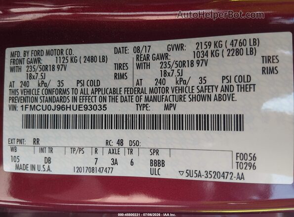 1FMCU0J96HUE93035 2017 FORD ESCAPE Red Vista del compartimento del motor