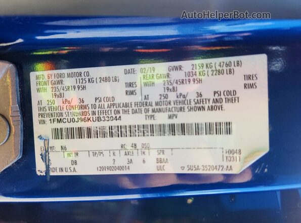 1FMCU0J96KUB33044 2019 FORD ESCAPE Blue Панорамний вид салону 360°