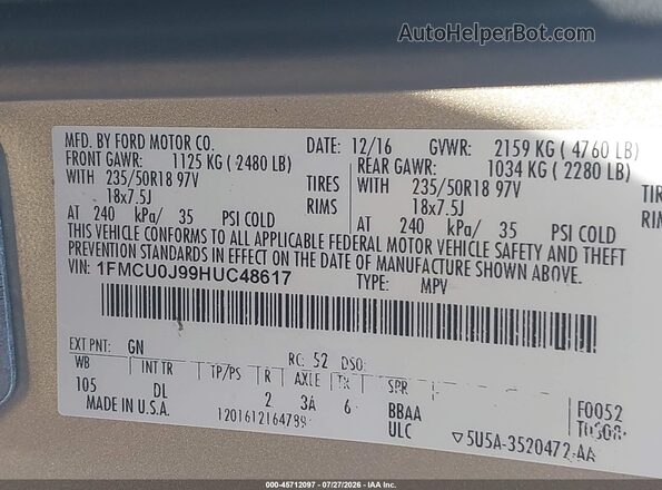 1FMCU0J99HUC48617 2017 FORD ESCAPE Champagne ძრავის განყოფილების ხედი