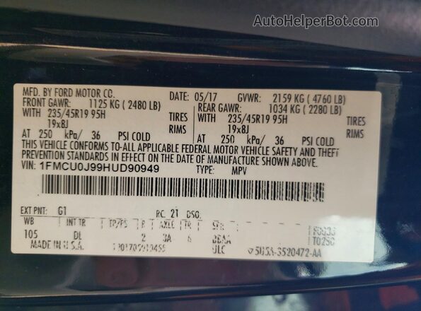 1FMCU0J99HUD90949 2017 FORD ESCAPE Черный Вид наклейки с VIN-кодом