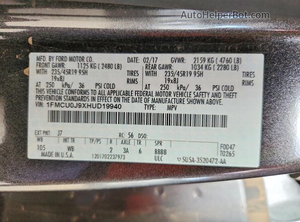 1FMCU0J9XHUD19940 2017 FORD ESCAPE Gray Vista de la etiqueta del VIN