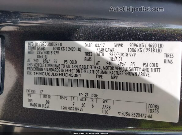1FMCU0JD3HUD45381 2017 FORD ESCAPE Gray Engine compartment view