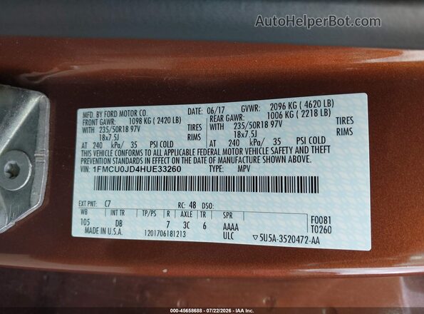 1FMCU0JD4HUE33260 2017 FORD ESCAPE Orange Engine compartment view
