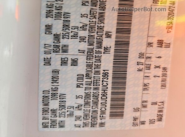 1FMCU0JD6HUC73561 2017 FORD ESCAPE White Widok naklejki z numerem VIN