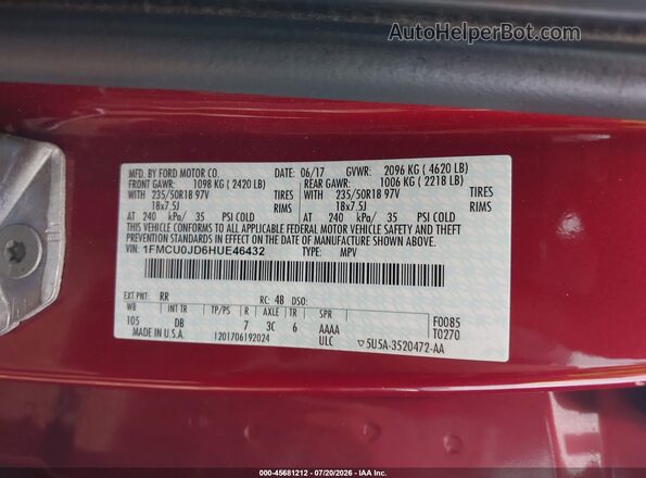 1FMCU0JD6HUE46432 2017 FORD ESCAPE Красный Вид подкапотного пространства