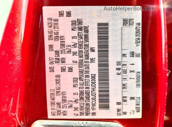 1FMCU0JD7HUD83082 2017 FORD ESCAPE Red VIN sticker view