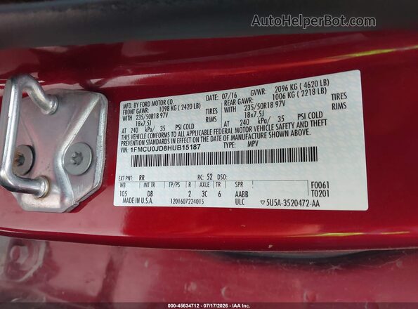 1FMCU0JD8HUB15187 2017 FORD ESCAPE Maroon Vista del compartimento del motor