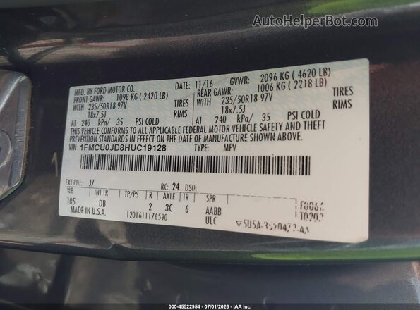 1FMCU0JD8HUC19128 2017 FORD ESCAPE Gray Вид підкапотного простору