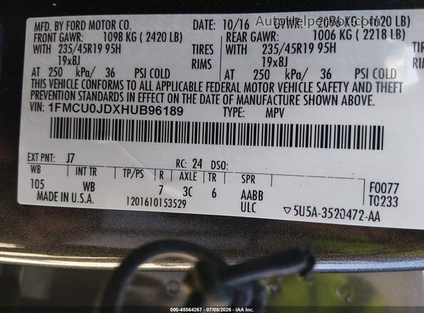 1FMCU0JDXHUB96189 2017 FORD ESCAPE Серый Вид подкапотного пространства