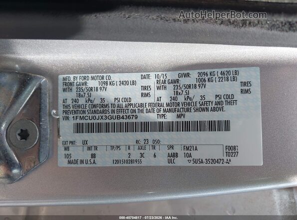 1FMCU0JX3GUB43679 2016 FORD ESCAPE Silver ძრავის განყოფილების ხედი