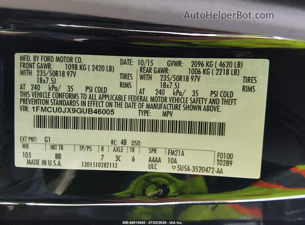 1FMCU0JX9GUB46005 2016 FORD ESCAPE Black Vista del compartimento del motor