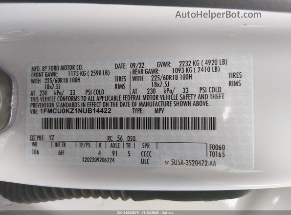 1FMCU0KZ1NUB14422 2022 FORD ESCAPE White ძრავის განყოფილების ხედი