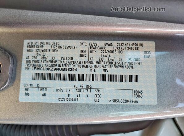 1FMCU0KZ9NUB98294 2022 FORD ESCAPE Серебряный Вид наклейки с VIN-кодом