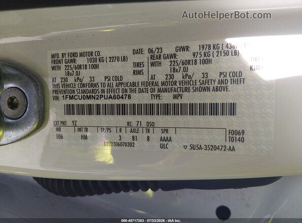 1FMCU0MN2PUA60478 2023 FORD ESCAPE White Vista del compartimento del motor